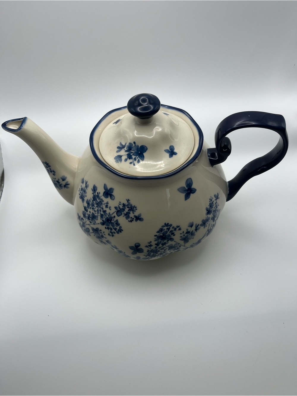 Cream and Navy Floral Ceramic Teapot with Curved Handle